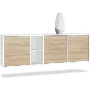 Vladon Sideboard Cuba (Kommode, mit 3 Türen und 2 offene Fächer), Weiß matt/Eiche sägerau (182 x 53 x 35 cm) braun