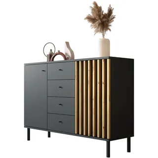 Newroom Kommode mit Schubladen Schwarz Wildeiche Sideboard Flur | Lamellenfront Vintage, 2 Türen und 4 Fächer, Anrichte Highboard modern, Metallbeine, Wohnzimmer Schlafzimmer