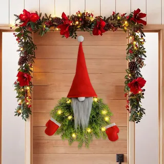 Türkranz Weihnachten, Weihnachtskranz Tür mit LED Licht Beleuchtung Weihnachtsdeko Türkranz mit Wicthel Weihnachtskränze mit Puppen Batteriebetrieben weihnachtskranz für Wand Tür (C)