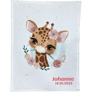 Wolimbo Babydecke mit Namen personalisiert - Motiv Giraffe weiß - Besticktes Geschenk für Mädchen und Junge