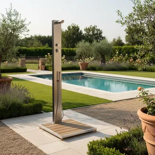 IDEAL Kalt- Warmwasserdusche MALTA inkl. WPC Bodenplatte Gartendusche Pooldusche