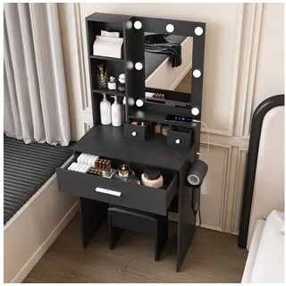 STILVORA Schminktisch mit Spiegel & LED-Beleuchtung Kosmetiktisch mit Hocker, B60/H131.5/T38 (MDF-Frisiertisch mit Steckdose, Regal und gepolstertem Sitz, 3 Lichtmodi, 3 Schubladen, Haartrockner-Halterung & Regal), Für Schlafzimmer, Jugendzimmer und kleine Wohnbereiche schwarz