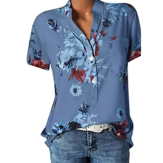 MeiLyviba Damen Bluse Kurzarm Damenblusen Hemdbluse Oberteile Tshirt T Shirt Tops Bunte Blumenmuster Druck V-Ausschnitte Elegant Tunika Lose Knöpfe mit Kragen Kurz Ärmel Sommershirts Mode Lose