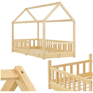 Juskys Kinderbett Marli 90 x 200 cm mit Rausfallschutz, Lattenrost & Dach - Holz Hausbett Natur