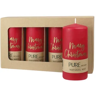 PURE NATURAL WAX, Karminrot-Gold, Stumpenkerze „Merry Christmas“, WENZEL, 130/60 mm, Brenndauer ca. 40h, 100% plastikfrei, 4 Stück