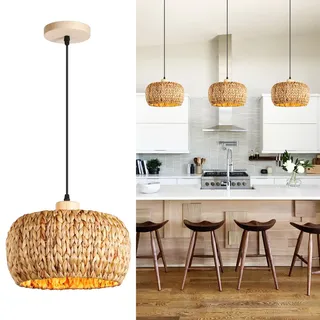 Schindora Boho Lampenschirm HäNgelampe,30Cm Wasserhyazinthe Weben Esstisch Lampe Handgewebt Korb Lampen E27 Retro KüChe Pendelleuchte FüR Schlafzimmer Wohnzimmer