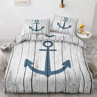 GEDAEUBA Bettwäsche 140x200 Maritim - Anker Bettbezug 140x200 2er Set, Wendebettwäsche und Kissenbezug 70x90, Weiche & Angenehme & Atmungsaktive Mikrofaser Bettwäsche-Sets mit Reißverschluss