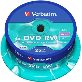 Verbatim DVD-RW 4x Matt Silver 4.7GB 25er Pack Spindel DVD Rohlinge beschreibbar 4-fache Brenngeschwindigkeit & Hardcoat Scratch Guard DVD leer Rohlinge DVD wiederbeschreibbar 25 Stück