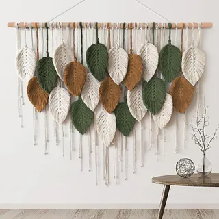 Weldomcor Groß Makramee Wandbehang, Baumwolle Makramee Wandteppich Boho Deko Gewebte Handgemachte Quaste Blatt Tapisserie Boho Wanddeko für Schlafzimmer Wohnzimmer Balkon Kinderzimmer, Grün, Khaki