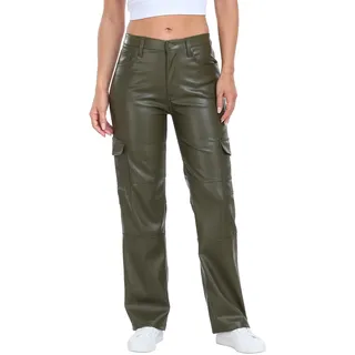 HDE Damen Faux Leder Cargo Hose mit Taschen Hohe Taille Y2K Relaxed Hose, Grün , 32 - 32