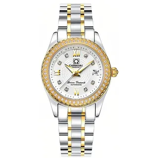 Automatische Armbanduhr, modisch, Damen, Analog, Edelstahl, wasserdicht, Luxus-Armbanduhr, Silberfarben und Weiß, Automatikuhr