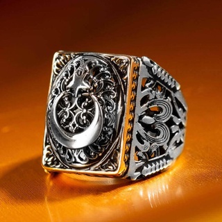 Vintage Herren-Ring mit Halbmond-Stern-Motiv, 925er-Sterlingsilber, detaillierter Schmuck, modisch