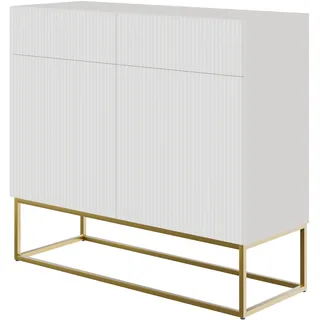 Selsey Kommode Schrank Aufbewahrungsschrank 100 cm Mit 2 Schubladen, Und 2 Türen Weiß Goldene Beine Veldio