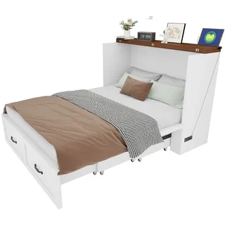 Merax Schrankbett 140x200 cm, Klappbett im Sideboard verstaubar, ausziehbares Gästebett mit Steckdose, Rollen & Metallrahmen, Weiß
