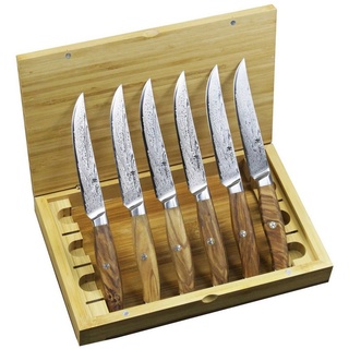 Wakoli Messer-Set 6er Damast Steakmesser-Set, Klingenlänge 12.50 cm - Olivenholz Griffe