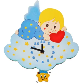 alles-meine.de GmbH Wanduhr - Uhr aus Holz - Engel/Engelchen mit Wolke - blau - 29 cm groß - sehr leise ! - Pendel abnehmbar - für Kinderzimmer & Wohnzimmer - Holzuhr - Kin..