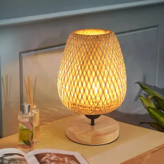 Comely Nachttischlampe mit Kabelschalter, Modern LED Tischlampe Rattan aus Bambus und Holz, Schreibtischlampe Holz mit E27-Fassung max 60W, Nachtlicht Leselampe für Schalfzimmer Kinderzimmer