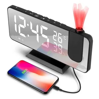 180° Projektionswecker mit USB, 7,5" Spiegel-LED, FM-Radio, Temperatur- & Feuchtigkeitsanzeige, LED-Spiegel, Dual-Alarm