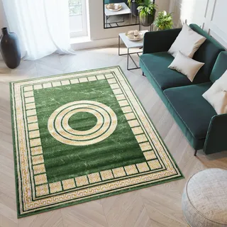 TAPISO Turmalin Teppich Kurzflor Grün Flaschengrün Gold Rahmen Runde Rosette Wohnzimmer Schlafzimmer Büro Modern Design ÖKOTEX 300 x 400 cm