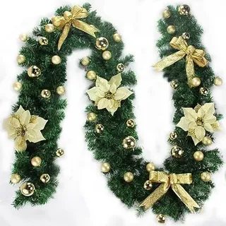 HEIBTENY 2,7M Tannengirlande Weihnachts Girlande Grün Weihnachtsgirlande Mit Weihnachtsblumen Und Schleife Mit Oder Ohne Beleuchtung Outdoor Indoor Weihnachten Deko(Gold)