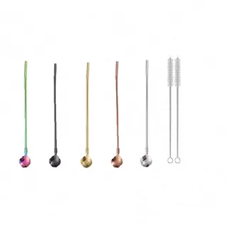 5PCS Metalllöffel Strohhalme Trinklöffel mit 2 Reinigungsbürsten 8,7 ”Wiederverwendbarer Barlöffel Strohhalm für Eiskaffee Gefrorenes Getränk Milchshake Smoothies Sundaes Cocktail Mixen Rühren