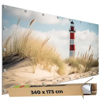 TRIOSK Große Motivplane Sichtschutz Zaunblende mit Motiv Leuchtturm Dünen Sand Strand Motivbanner Garten Deko Plane Blickdicht für Zaun Terrasse Gartenzaun Zaunplane PVC 340x173 cm