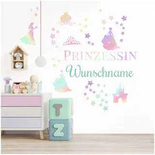 Wandsticker personalisiert Sticker Aquarell Tiere mit Name Wandtattoo für Kinderzimmer Babyzimmer Spielzimmer Mädchen Junge Y037 (Nr. 36 Kleine Prinzessin, Mit Wunschname)