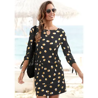 Jerseykleid BUFFALO Gr. 42, N-Gr, bunt (schwarz, gelb, bedruckt) Damen Kleider Strandkleider mit Bändern zum Knoten, kurzes Sommerkleid 34-Ärmeln, Strandkleid