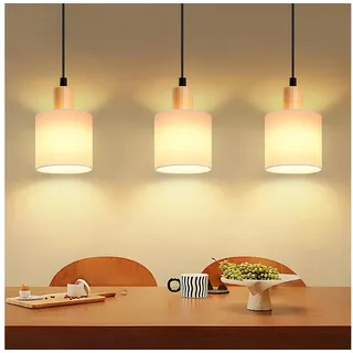 Nettlife Pendelleuchte Vintage Holz Stoff Weiß 1/3 Flammig E14 Rustikale Beleuchtung, Höhenverstellbar, LED wechselbar, Küche Wohnzimmer Restaurant Schlafzimmer Flur weiß