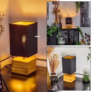 Tischleuchte Geneva, Nachttischlampe, Holz/Stoff in Natur/Schwarz/Goldfarben, Tischlampe 1-flammig im skandinavischen Design, E14, Länge 12,5 cm, Leuchte m. An-/Ausschalter am Kabel, ohne Leuchtmittel