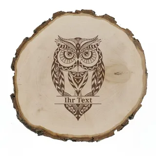 Baumscheibe Eule graviert, Eulen Deko Holz, Erlenholz 22,5-24 cm | Holzscheibe mit Zentangle-Eule – Geschenk für Eulenliebhaber, für Wohnzimmer, Regal und Fensterbank