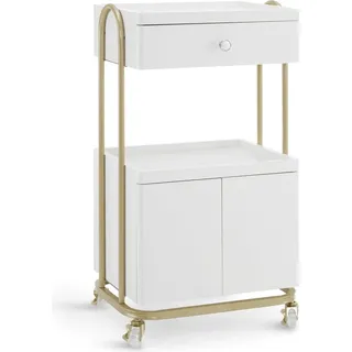 MCombo M MCombo Servierwagen mit Rollen & Schublade, Rollwagen Friseurwagen Weiß-Gold, Salon Trolley mit 2 Ablagen und Schrank, Moderner Arbeitswagen 0086 - Weiß