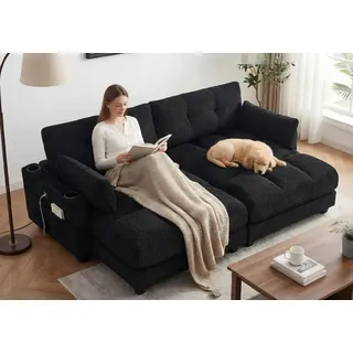 LVHOM Polsterliege Ottomane/Loungesofa/Polsterbett/Daybett/Gästebetten/Schlafsofa (USB/Typ C-Ladeanschlüssen, Seitentaschen, Getränkehalter, modularer Flexibilität Palmen Sessel, links & rechts tauschbare Armlehnen, Schlaffunktion, Platzsparend, 2-St., Multifunktional für Kleinwohnung, Homeoffice und Gästeübernachtung), Perfekt für Wohnzimmer, Schlafzimmer, Jugendzimmer, Gästezimmer schwarz