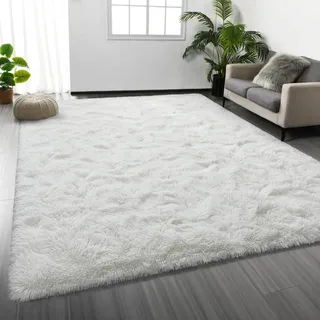 XUEDNGM Waschbarer Teppich Shaggy Teppich 150 x 200 cm Anti-Rutsch, Flauschig, Weich, Waschbar, Langflor Hochflor Teppich Teppich Wohnzimmer Flächenteppich für Wohnzimmer, Schlafzimmer, Weiß