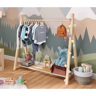 Bellabino Kleiderstange für Kinder Ryck, Kleiderständer im Tipi-Design aus Kiefer Massivholz in natur, Garderobenständer für Kinderzimmer mit Schuhablage