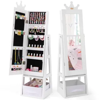 COSTWAY Kinder Schmuckschrank, 3 in 1 Spiegelschrank neigbar mit Ganzkörperspiegel & Aufbewahrungskorb, Schmuck-Organizer in Kronenform, Standspiegel für Kinder ab 3 Jahren (Weiß)