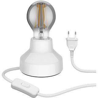 ledscom.de Porzellan Tischlampe TIX, rund, Stecker, Schalter, weiß + LED Lampe 370lm, extra-warmweiß