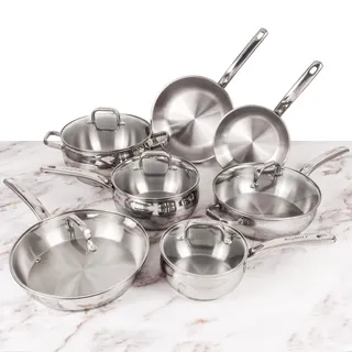 BergHOFF 12-teiliges Kochgeschirr-Set, Bauchform, 18/10 Edelstahl, Glasdeckel, schnelle, gleichmäßige Hitze, geeignet für Induktionsherde