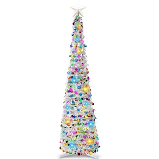 JOIEDOMI 5 Fuß Pop-up-Bleistift-Weihnachtsbaum-Lametta mit Lichtern und Stern, zusammenklappbare Weihnachtsdekoration mit Timer für die Feiertagsdekoration im Innen- und Bürobereich