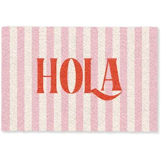 MuchoWow© Fußmatte 60x90 cm innen Sauberlaufmatte Fußabstreifer Türvorleger Schmutzfänger Fusmatte Indoor Matten Wohnungstür Schuhabstreifer Hola – Zitat – Streifen – Pastell – Rosa – Rot – Weiß