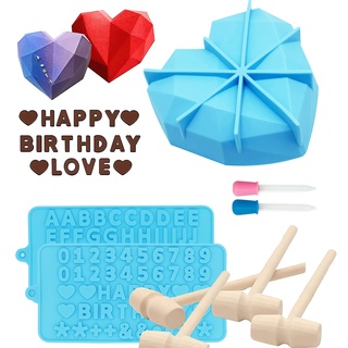 Meajore Herz Silikonform, 3D Herz geformt Kuchen Pfanne, Smash Schokolade Süßigkeiten Herzen mit Holz Hämmer Buchstaben Zahl Tabletts Valentinstag Süßigkeiten (Blau)