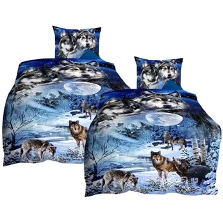 JACK Bettwäsche JACK by Kaeppel 135x200cm Wolf Wölfe Mond, Satin, 4 teilig, hochwertiger Digitaldruck mit einem eindrucksvollem Wolfmotiv blau