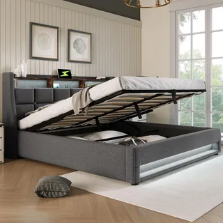 Merax Polsterbett 180x200cm, Doppelbett mit Bettkasten und Lattenrost, Stauraum Kopfteil mit LED & USB Ladefunktion, Hydraulisch Stauraumbett Funktionsbetten, Leinen, Jugendbett, ohne Matratze, Grau