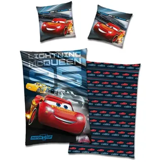 Familando Kinderbettwäsche Disney Cars 135x200 80x80 cm Fleece-Bettwäsche mit Reißverschluss, Microfaser-Flanell, 2 teilig, extra flauschig und weich, mit Wendemotiv schwarz