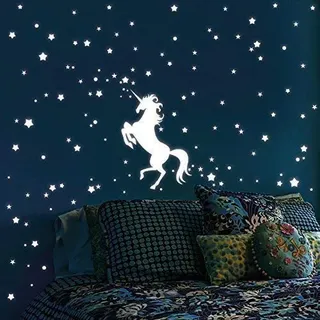 Wandtattoo Loft Leuchtaufkleber „Einhorn mit 140 Leuchtsternen 80 Leuchtpunkte“ - Leuchtsticker Leuchtsterne leuchten im Dunklen für einen tollen Sternenhimmel in Kinderzimmer oder Schlafzimmer