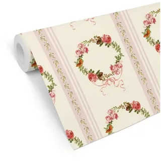 K&L Wall Art Mustertapete Vintage Rosenkranz gestreift Rosen Vliestapete Boho Deko Wohnzimmer, Rosen Tapete beige 0.48 m x 10.08 m