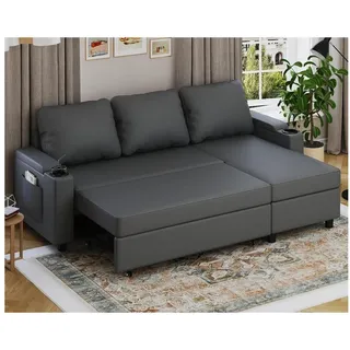 LuxusKollektion Schlafsofa Ecksofa Schlafsofa Bettkasten Schlaffunktion Leder 200cm L Schwarz grau