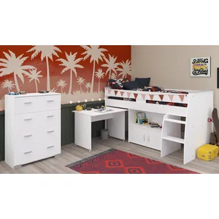 Parisot Jugendzimmer-Set Releave, (Kinderzimmer in Weiß, Hochbett mit Schreibtisch und Kommode, Liegefläche 90 x 200 cm), kein Lattenrost erforderlich weiß
