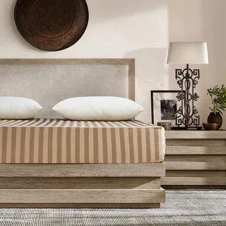 Damier Satin Spannbettlaken 180x200cm Beige Seide Glänzend Bettlaken Hochwertiges Satin Streifen Spannbetttuch, geeignet für Matratzen bis 30cm