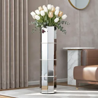 Spiegel Bodenvase 71 cm hoch, Silberne Dekorative Glas Hochvase zur Wohnzimmerdekoration – Große Zylindrische Standvase für Schlafzimmer, Hauswinkel, Innenbereich und Büro